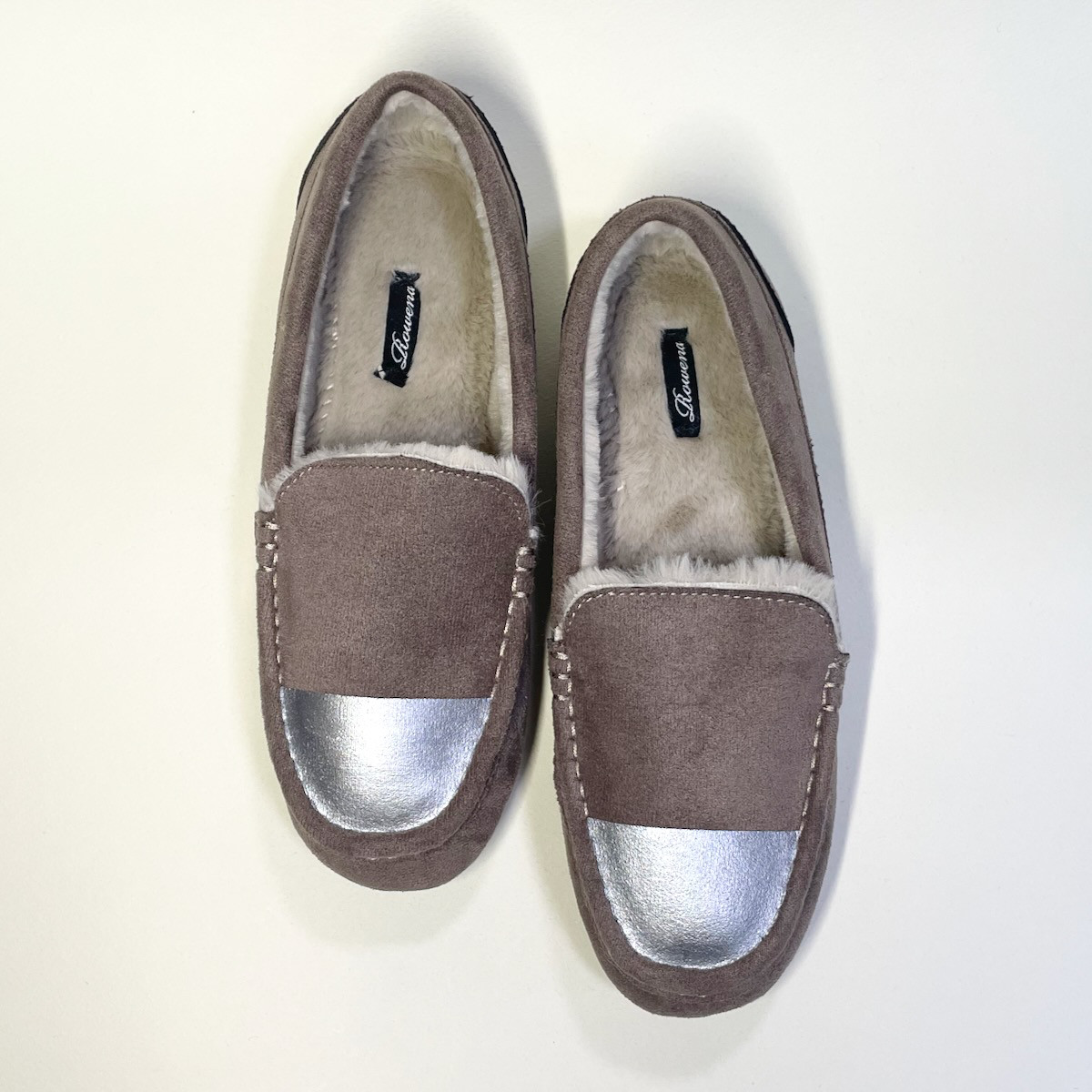 ◆2024年版◆軽量&ポカポカあったか♪バイカラー裏ボアモカシン(グレーベージュ×シルバー)22.5cm〜25.0cm