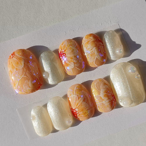 受注製作】フラワー オレンジ ネイルチップ No.39 ネイルチップ