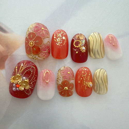 成人式 卒業式 和柄 和装 振袖 にいかがですか？赤茶、オレンジ