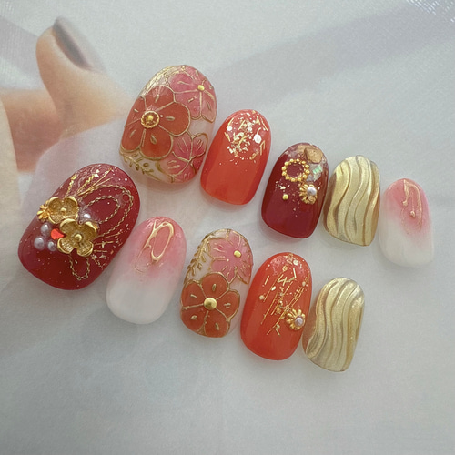 成人式 卒業式 和柄 和装 振袖 にいかがですか？赤茶、オレンジ