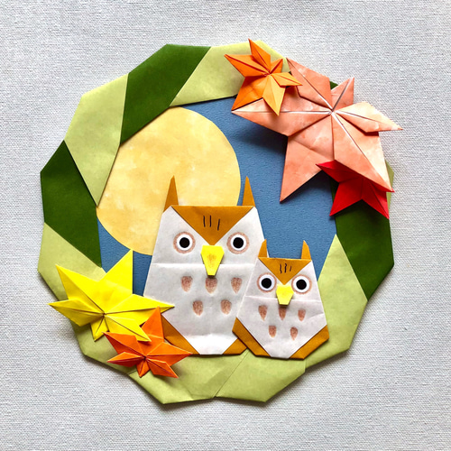 折り紙リース フクロウともみじ 壁面飾り その他雑貨 miko
