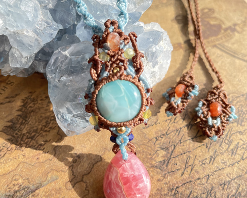 ラリマー×インカローズ ロードクロサイト マクラメペンダント 天然石