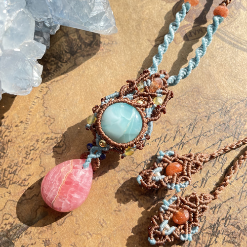 ラリマー×インカローズ ロードクロサイト マクラメペンダント 天然石