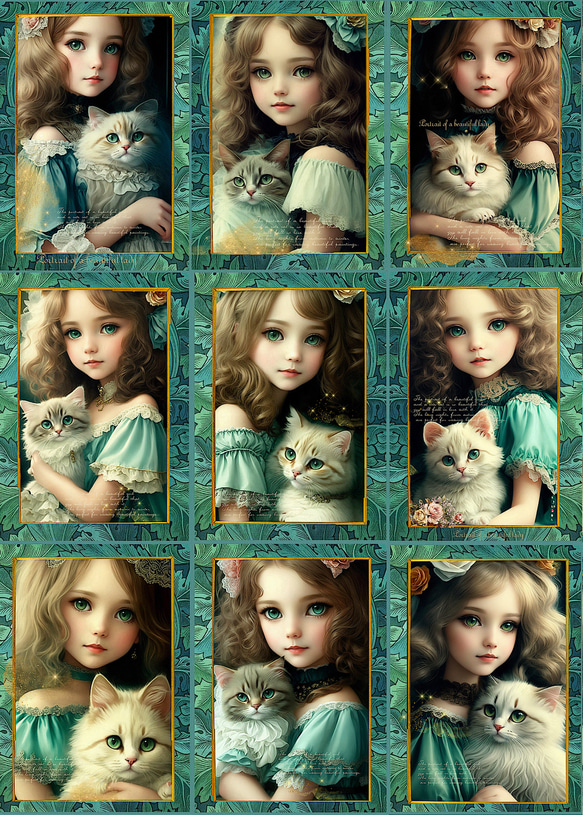 オリジナル 生地 ブロックデザイン ハンドメイド素材 クラフト ビンテージ 猫 女の子 1枚目の画像