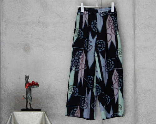 着物リメイク 木綿 久留米絣のワイドパンツ/フリーサイズ L キュロット