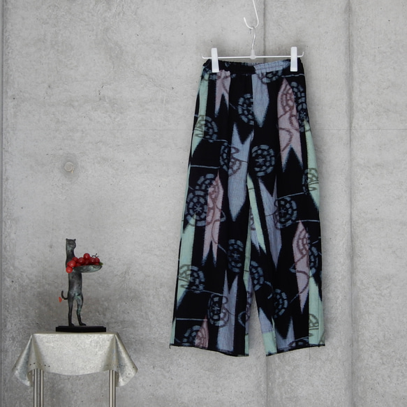 着物リメイク 木綿 久留米絣のワイドパンツ/フリーサイズ L キュロット  