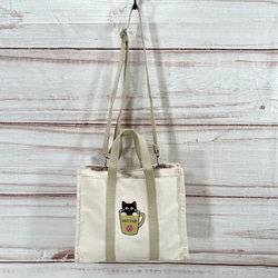 【包郵】咖啡杯貓刺繡2way肩帆布棉質分格托特帆布包&lt;白色&gt; 第3張的照片