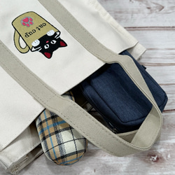 【包郵】咖啡杯貓刺繡2way肩帆布棉質分格托特帆布包&lt;白色&gt; 第9張的照片