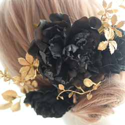髪飾り　薔薇　黒　ゴールド　芍薬　ブラックローズ　結婚式　ウェディング　成人式　ブライダル　ヘアアクセ　ヘッドドレス　 14枚目の画像