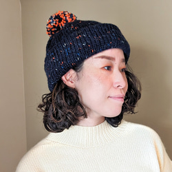 大人サイズ】 ポンポンニット帽 ホワイト×ブルー ニット帽・ビーニー