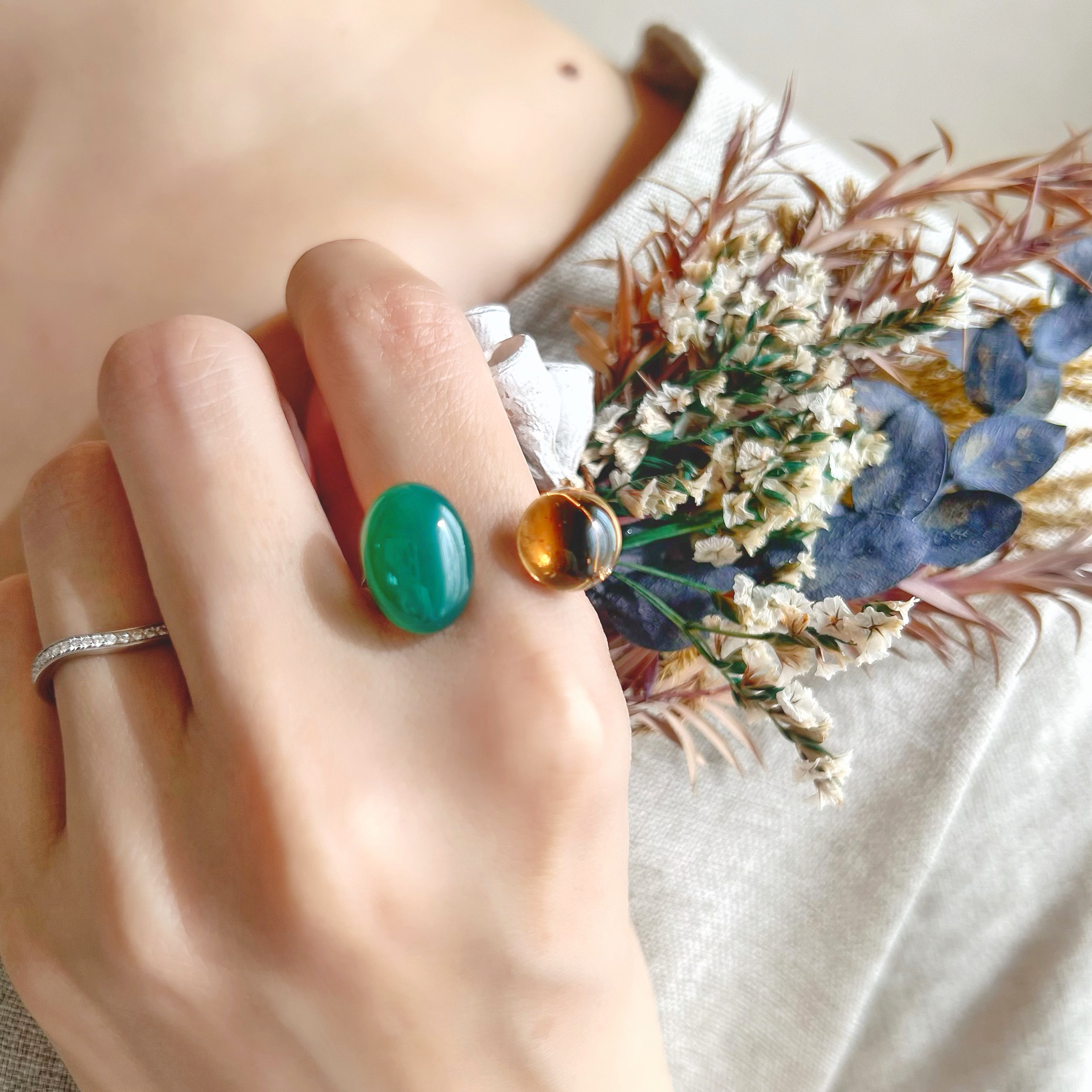 【JORIE】世界にただ一つのフォークリング　　dessert ring スモーキークォーツ×グリーンオニキス