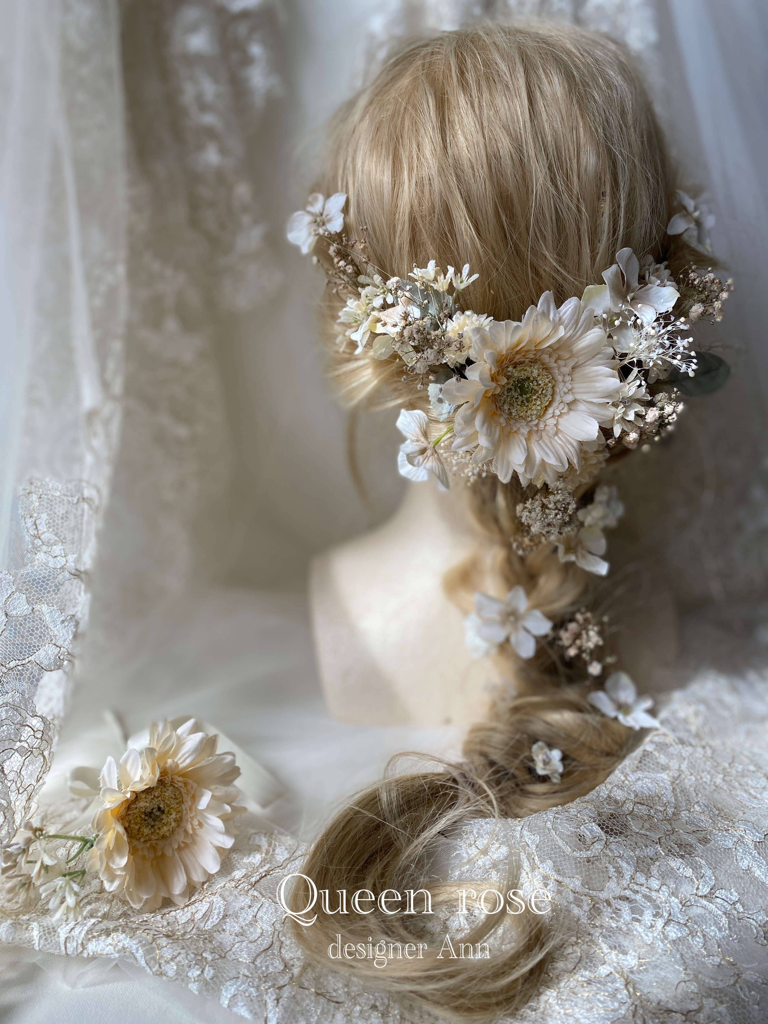 結婚式NO.53   ふわふわ綿の実のブーケ&ブートニア&ヘッドドレスのセット