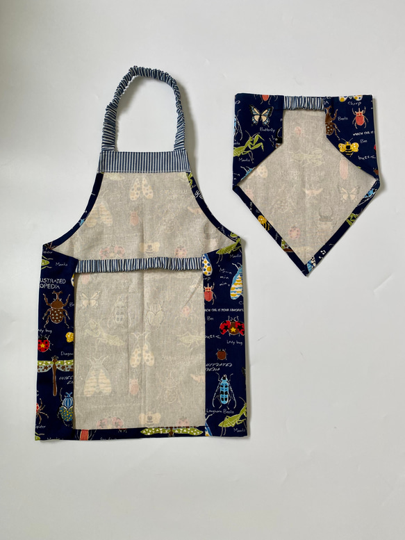 昆虫柄☆こどもエプロン100〜110サイズ、三角巾、巾着の3点セット 4枚目の画像