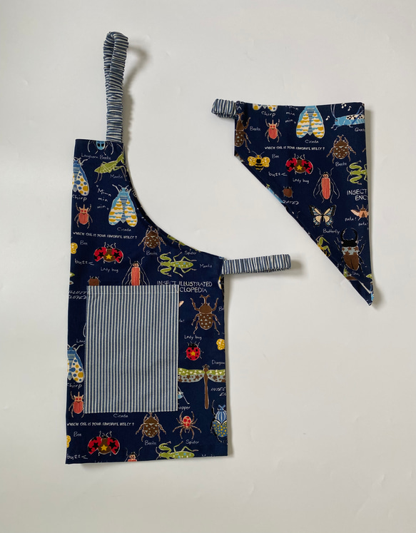 昆虫柄☆こどもエプロン100〜110サイズ、三角巾、巾着の3点セット 2枚目の画像