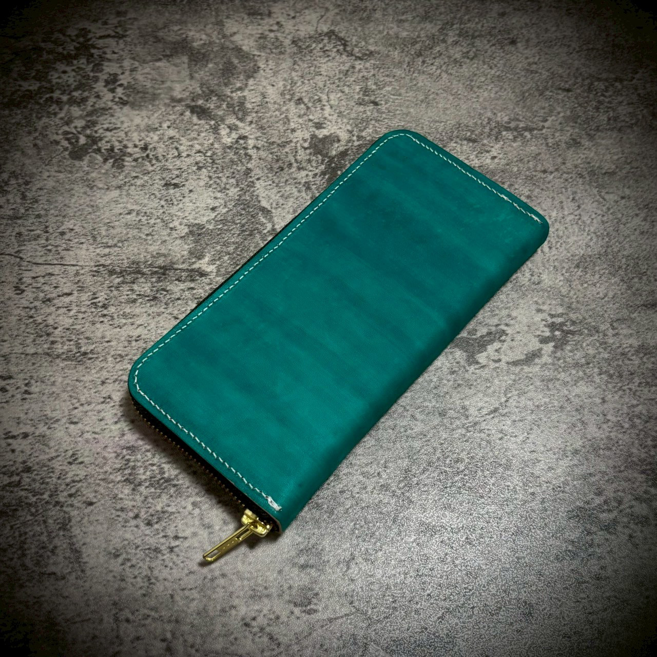 経年変化を楽しむ 総手縫い 長財布 フルレザー 大容量 本革 牛革 生成り アクアグリーン 緑 ナチュラル ヌメ 革財布