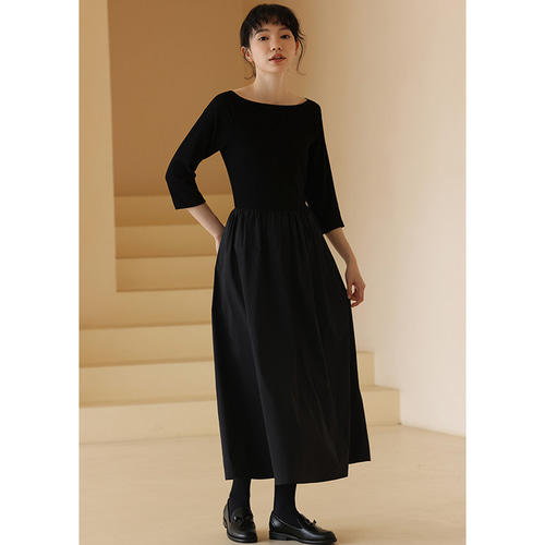 美品　23区　32 異素材ワンピース 七分丈　ブラック　卒業式 低身長S□異素材コンビ♡上品タックポワン袖カットソーブラウス