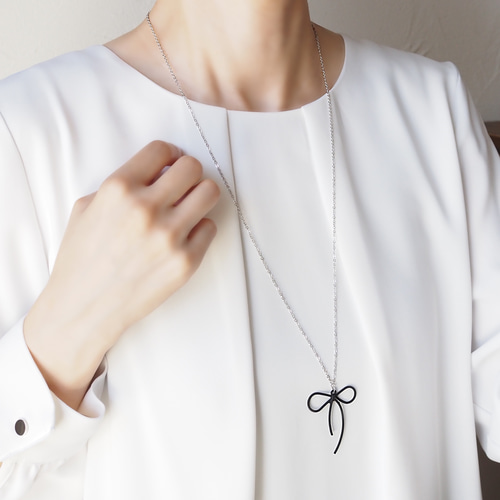 最高級鍍金 ブラック＊リボン ロングネックレス ゴールド/シルバー