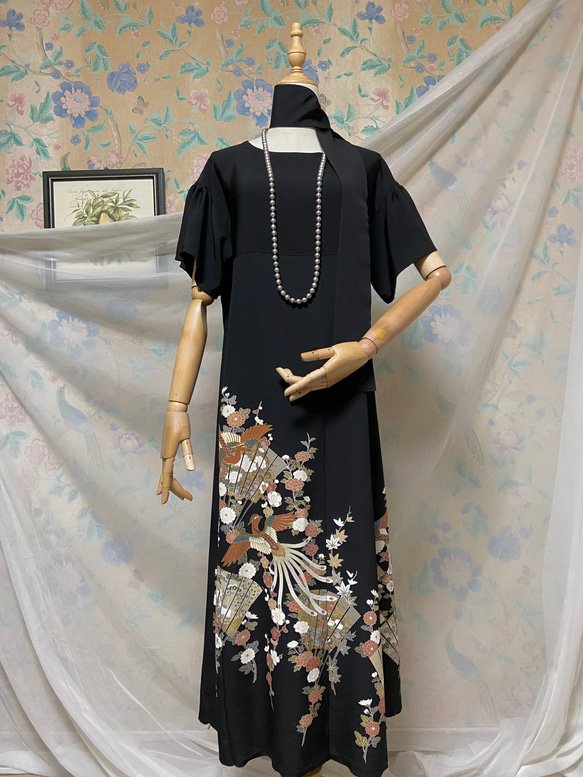着物リメイク　黒留袖ロングドレス 黒留袖 着物 リメイク ロングワンピース ドレス 洗える 化繊 二