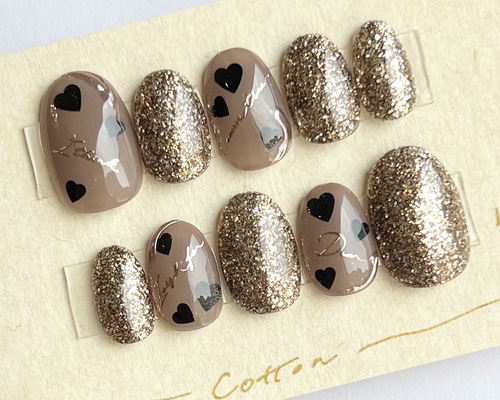 オーダーネイルチップ　ツイードニュアンスブラウンワンホンハート推しno.62 ブラウン×ボルドーニュアンスネイル ネイルチップ（つけ爪） R