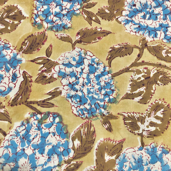 【50cm單位】淺棕色Kinari藍色繡球花印度手工塊印花布料棉 第2張的照片