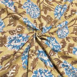 【50cm單位】淺棕色Kinari藍色繡球花印度手工塊印花布料棉 第1張的照片
