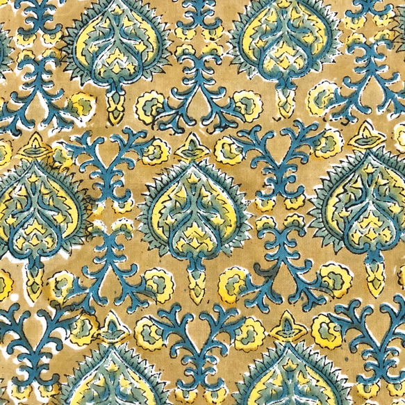 【50cm單位】黃棕藍黃水滴花印度手工塊印花布料棉質 第2張的照片