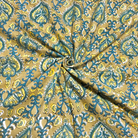 【50cm單位】黃棕藍黃水滴花印度手工塊印花布料棉質 第1張的照片