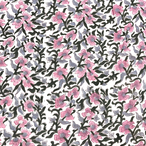 【50cm単位】ホワイトピンクフラワーブルーグレーリーフ　インド　ハンドブロックプリント生地  コットン 3枚目の画像