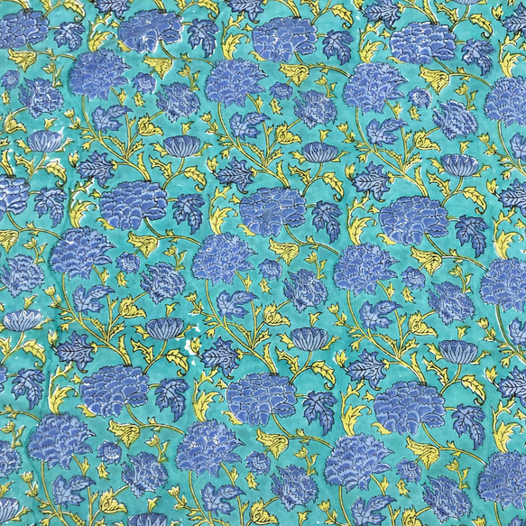 【50cm單位】孔雀綠藍花印度手工塊印花布料棉質 第4張的照片