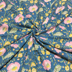 【50cm單位】藍粉黃花印度手工塊印花布料棉質 第1張的照片