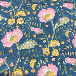 【50cm單位】藍粉黃花印度手工塊印花布料棉質 第2張的照片