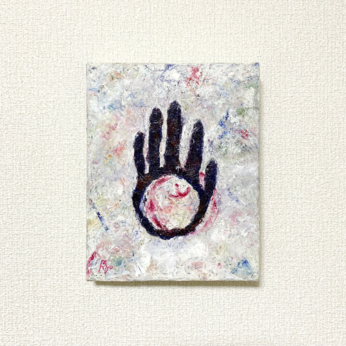 【室生】油絵　原画　一点物　リンゴ　ピンク　北欧　インテリア　SM 原画 油絵 ユアハンド 手とりんごのアート 抽象画 F0号 ホワイト