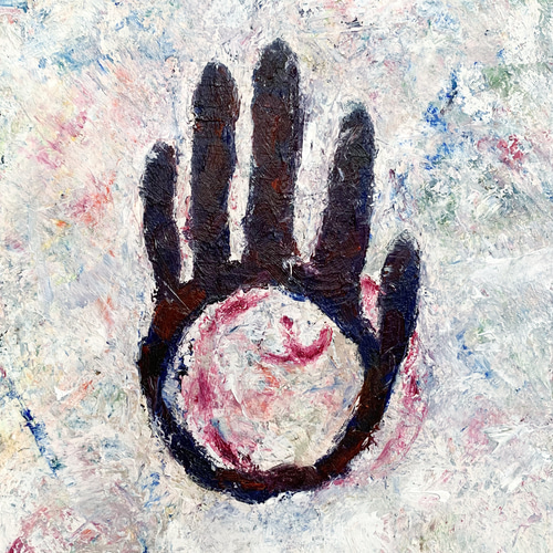 原画 油絵 ユアハンド 手とりんごのアート 抽象画 F0号 ホワイト