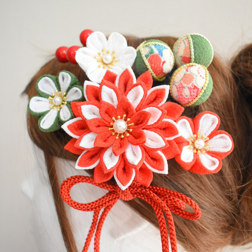 髪飾り 成人式 和装 七五三 つまみ細工 ちりめん レトロ 赤 牡丹 #170  