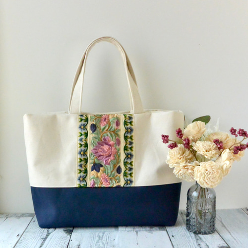 全商品オープニング価格！ A4サイズ収納可能！レトロなインド刺繍リボントートバッグ【L バッグ