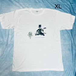 河鍋暁斎　三味線を弾く洋装の骸骨　綿TシャツXLサイズ　白 1枚目の画像