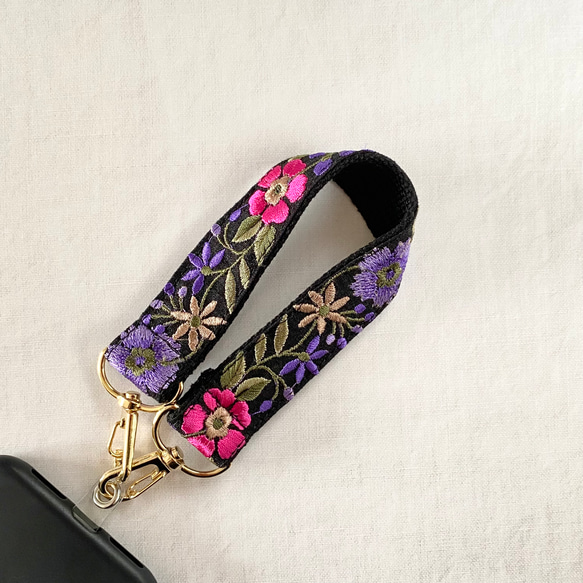 印度刺繡絲帶智慧型手機附手帶黑色粉紅色紫色 第1張的照片