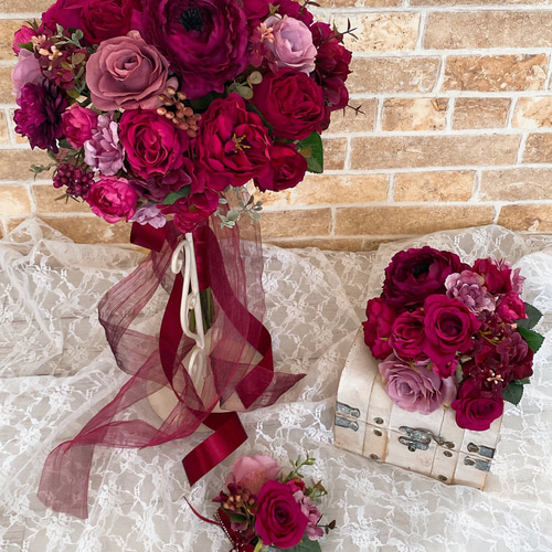 フューシャピンクのブーケ(フープブーケに変更もOK☆ブートニア付き