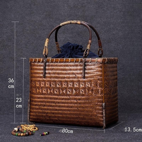 竹かご鞄 大 ハンドバッグ 買い物かご大 竹かご かごバッグ バスケットかご 竹製品 レトロ 茶道茶セット収納袋 和風 パラコード編みワンハンドル・かごバック・ミズイロ RI2557092914(19400円)