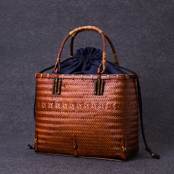 竹かご鞄 大 ハンドバッグ 買い物かご大 花模様かごバッグ バスケット