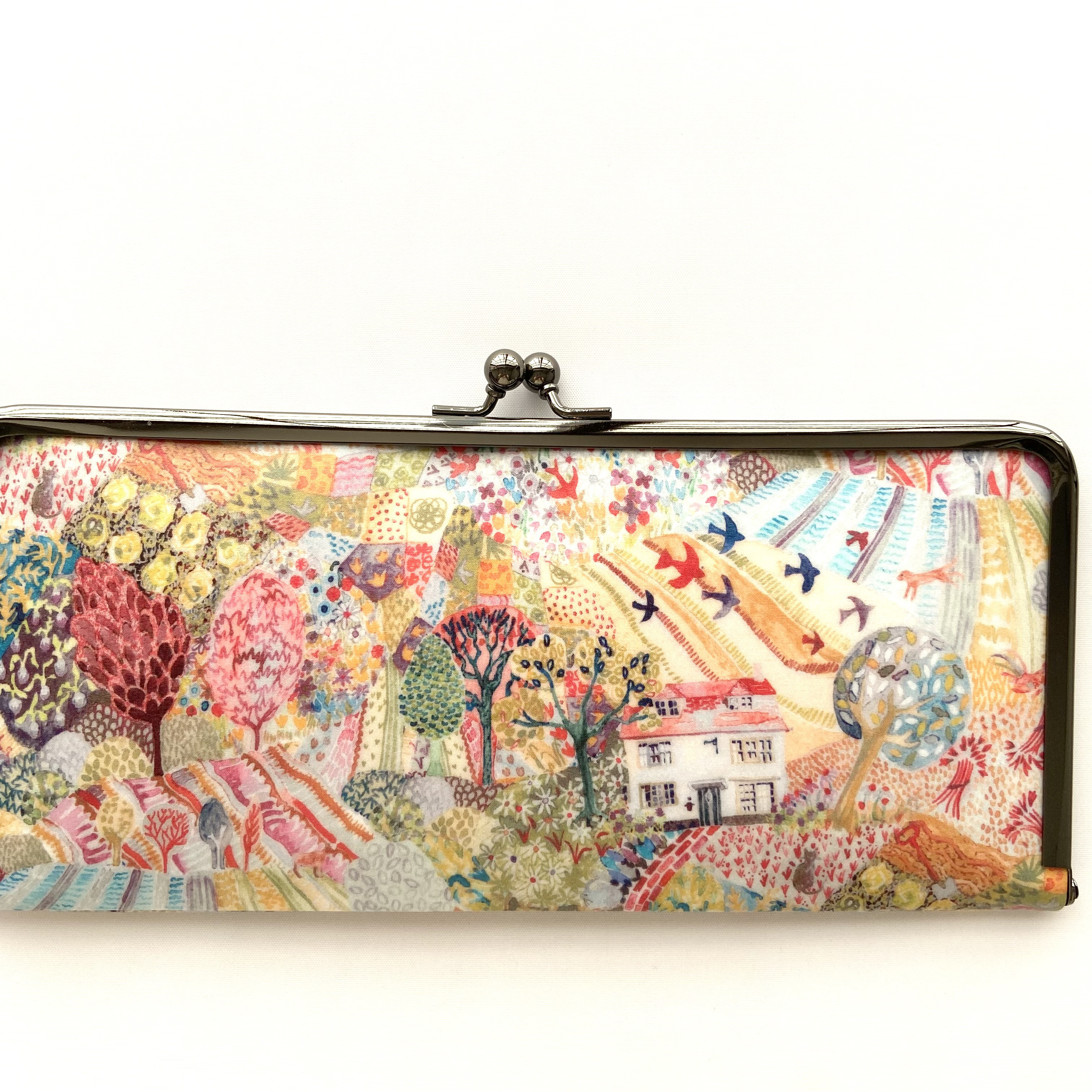 ＊ラミネート＊ がま口長財布 スリム ロイヤル・オーク・ハウス ピンクイエロー リバティプリント使用