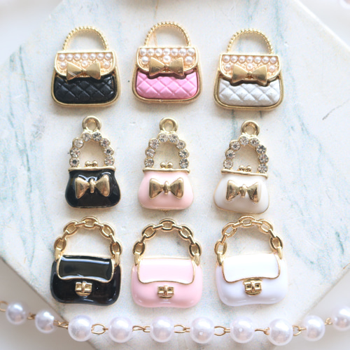 9個】バッグチャーム アソート ピンク 黒 白 花 リボン ストーン