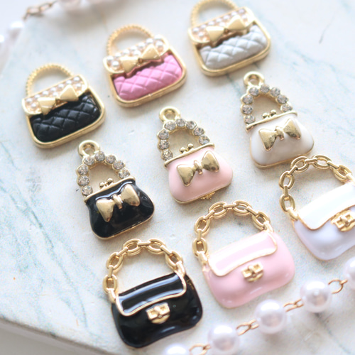 9個】バッグチャーム アソート ピンク 黒 白 花 リボン ストーン