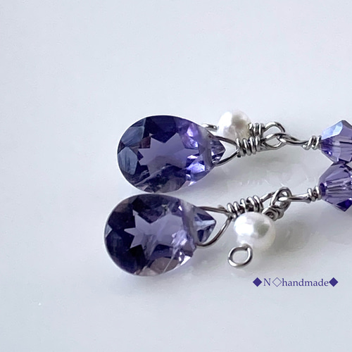 天然石 宝石質アイオライト×スワロフスキー ピアス イヤリング