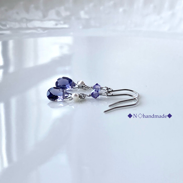 天然石 宝石質アイオライト×スワロフスキー ピアス イヤリング
