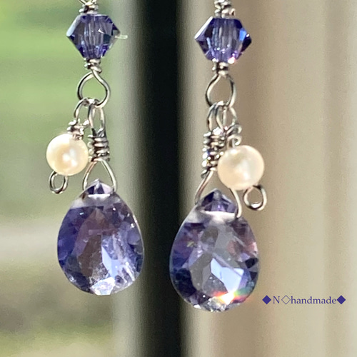 天然石 宝石質アイオライト×スワロフスキー ピアス イヤリング