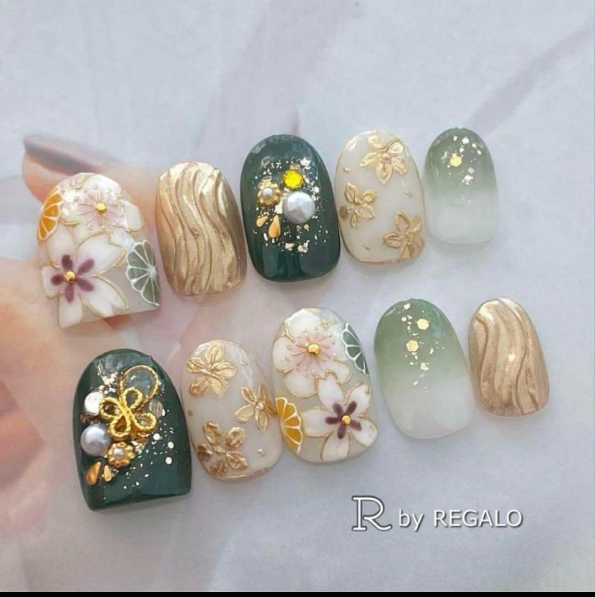 no.⑧① カラー変更ok!緑ネイル 成人式ネイルチップ 和装ネイル ネイル