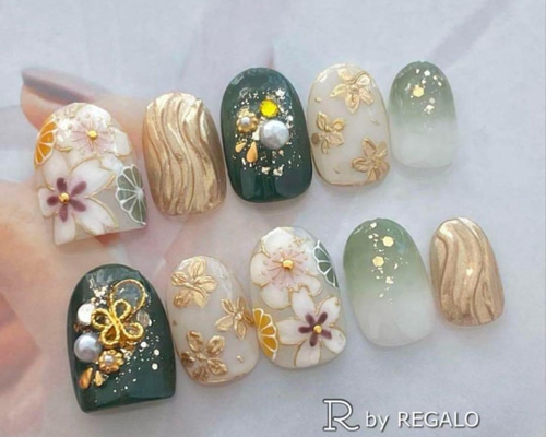 no.⑧① カラー変更ok!緑ネイル 成人式ネイルチップ 和装ネイル ネイル