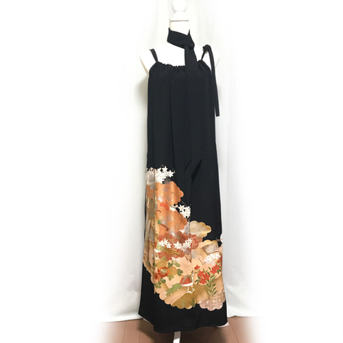 【正絹】着物リメイク 黒留袖ドレス（薄手）／キャミワンピースタイプ［152］