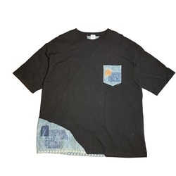 藍染襤褸リメイク ポケット ビッグシルエット T-shirts XL BLACK 1枚目の画像